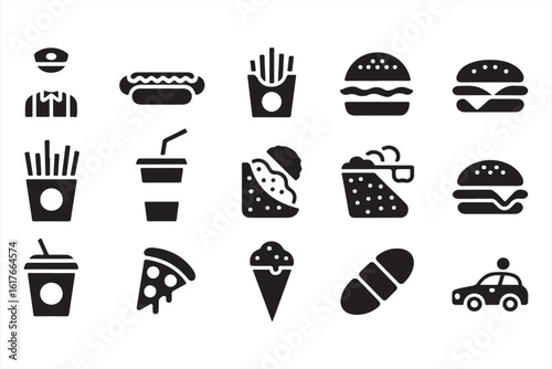 Simple Black Icons Set Featuring Fast Food, Drinks, and Vendor
