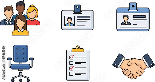 Set of business and office icons featuring a team of people, id badges, an office chair, a checklist, and a handshake, isolated on white background