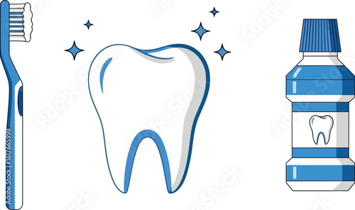 Dental hygiene icons featuring a toothbrush, sparkling tooth, and mouthwash isolated on white background