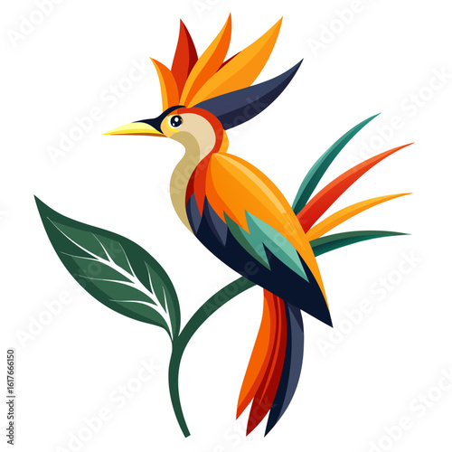 Vibrant stylized bird with colorful plumage perched on a green branch with a large leaf