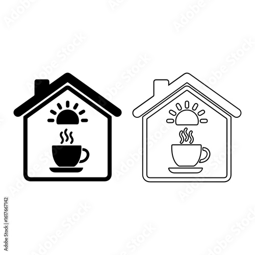 Cozy home icon with coffee cup and sun symbol in black and white style