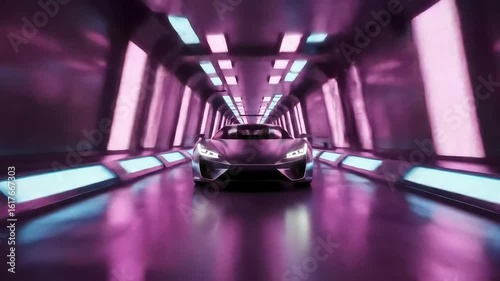 Futuristic Car Races Through Glowing Neon Tunnel
