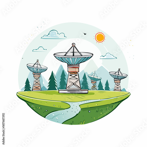 Radio telescope array on a green landscape with mountains and a river