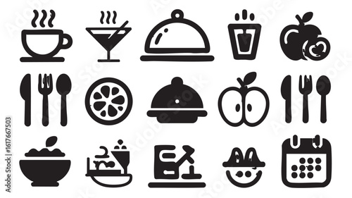 Black and white icons of food drinks and dining utensils cutlery coffee