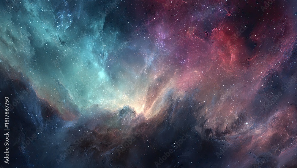 Fototapeta premium Cosmic Nebula Colorful interstellar gas and dust cloud. Background stars, vibrant colors, space exploration, science fiction design