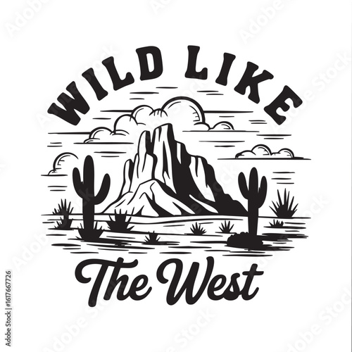 Black and white illustration of desert landscape with cacti and mountains western wild west