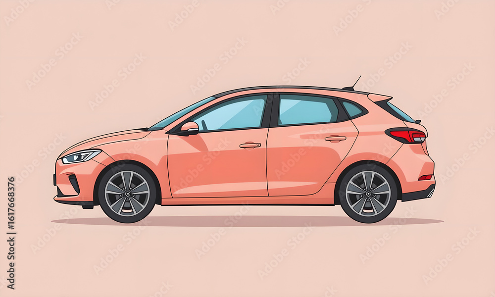 Fototapeta premium Stylized Salmon Hatchback Car Illustration on Pink Background: Transportation Concept