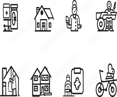 Set of Black and White Line Icons Representing Home Healthcare, Medication, and Assisted Living