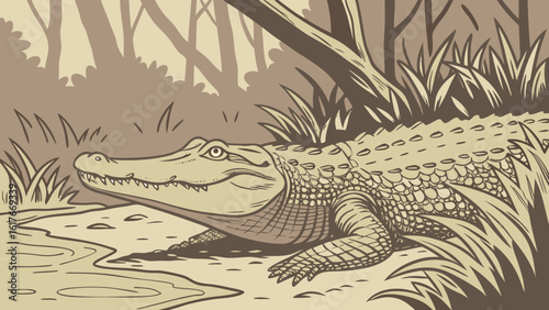 Alligator resting in marshy reeds with forest background