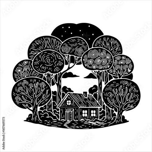 A whimsical, black-and-white illustration depicts a small cottage nestled within a stylized, enchanted forest at night.