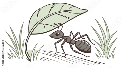 Ant seeking shelter under a green leaf in the grass