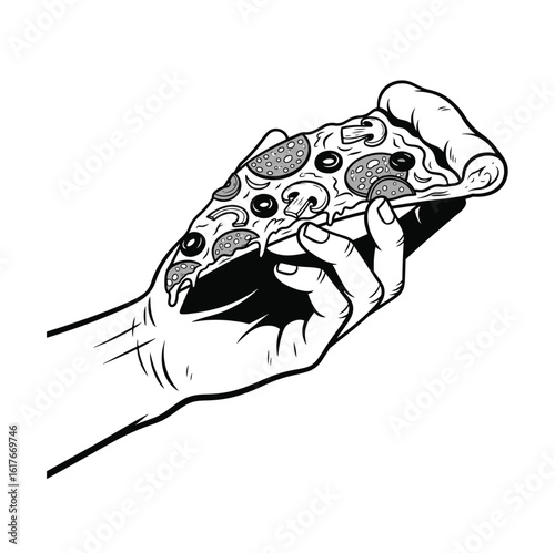 A stylized hand delicately holds a cheesy pizza slice with various toppings, depicted in a clean black and white vector format.