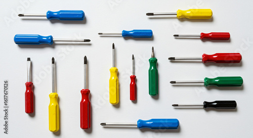Colorful Flat Lay of Various Screwdrivers Arranged Neatly on White Background