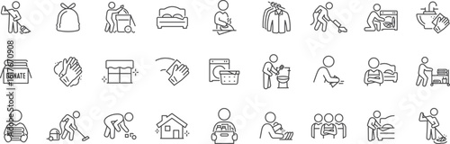 Daily Life and Routine Icon Set – Bed, Eating, Cleaning, Pet Care, TV, Family, Sleep, Daily Chores, Relaxation Icon
