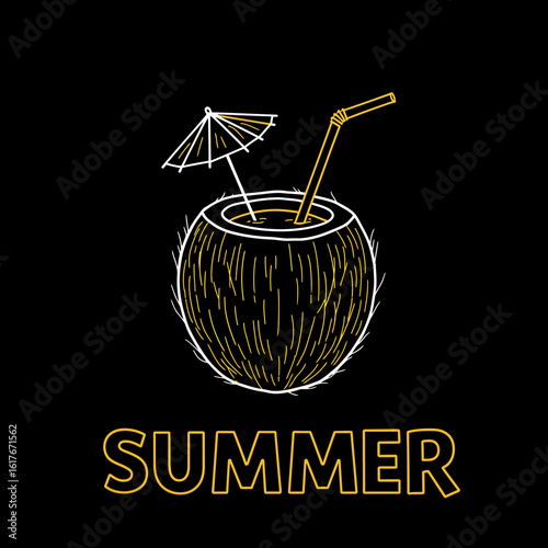A coconut drink illustration with a straw and umbrella, promoting summer vibes.