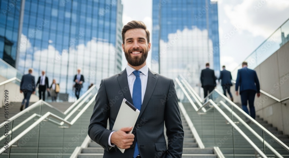 Fototapeta premium Confident businessman smiling holding tablet on modern city steps amidst tall glass buildings