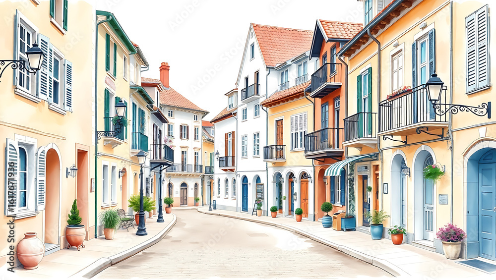 Fototapeta premium Watercolor painting of a charming european street with colorful buildings