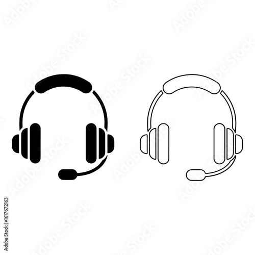 Headphones vector illustration with microphone for audio, black and white