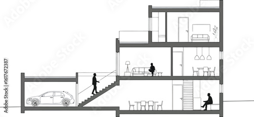 Architectural cross section drawing of a modern multi story building showcasing interior spaces and structural elements