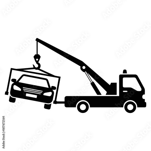 Vector art of a tow truck is lifting a car after an accident, providing roadside assistance and recovery