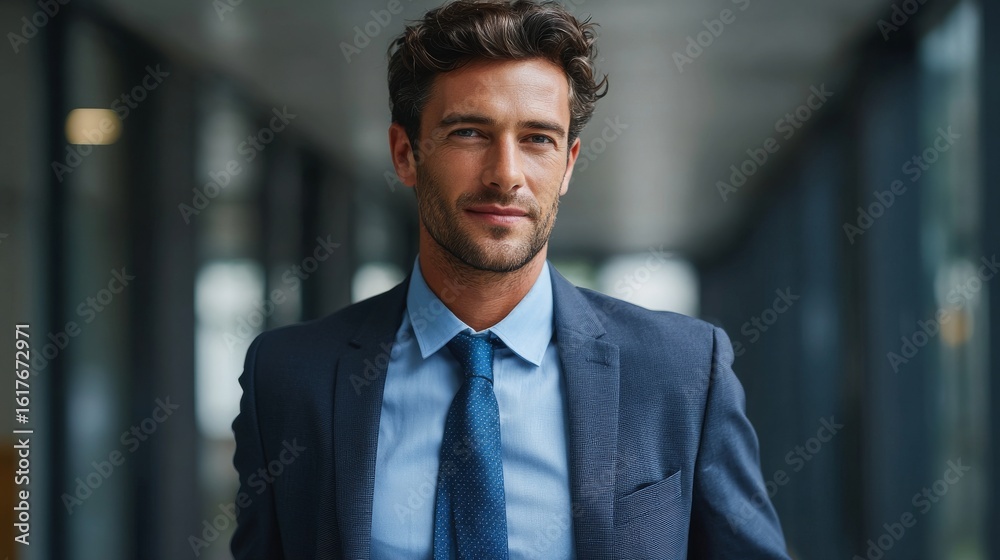 Fototapeta premium The Confident Professional: A close-up captures a charismatic businessman, radiating confidence in a modern setting, epitomizing success.
