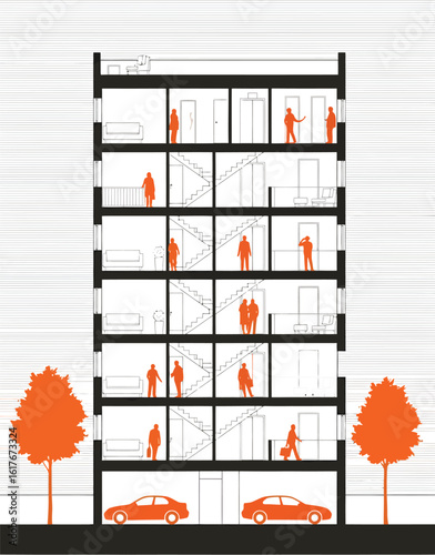Architectural cross section drawing of a modern residential building with people and trees illustrating urban living and design