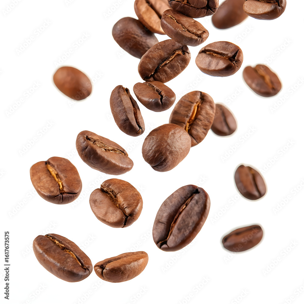 Obraz premium Aromatic coffee beans falling gracefully on a pure white background for your coffee shop promotions