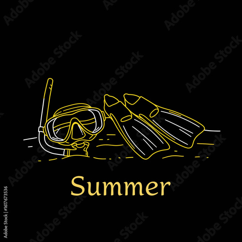 Line art illustration of snorkeling equipment and the word "Summer" on black background.