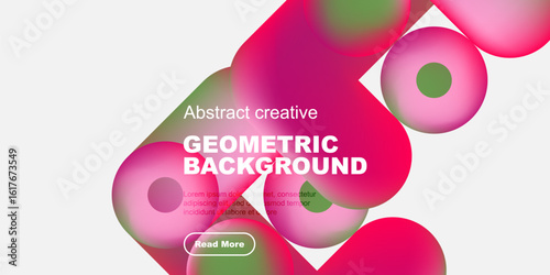 Vibrant geometric shapes overlap, creating dynamic abstract background. Text promotes further exploration via button.