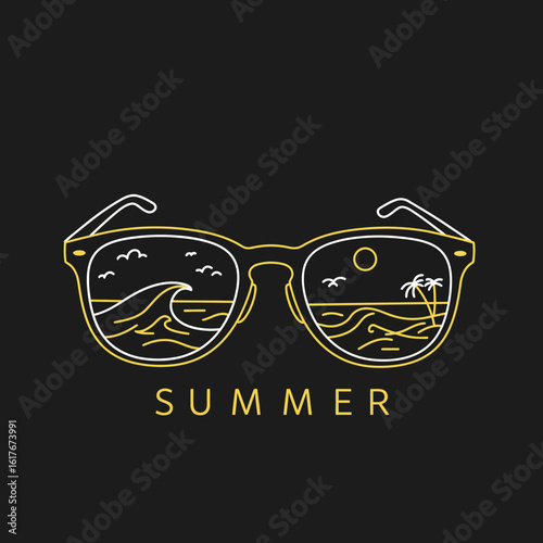 Summery beach scene reflected in stylish sunglasses.