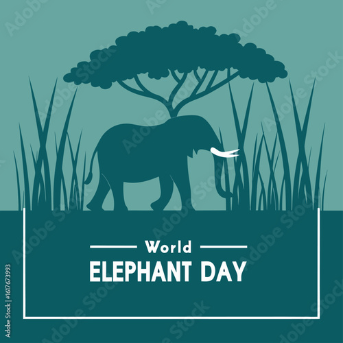 World elephant day shows an african elephant silhouetted among grasses and trees in teal color