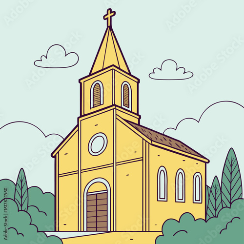 A yellow cartoon church rises among stylized trees beneath a cloudy sky