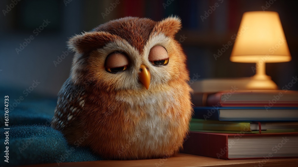 Obraz premium Cozy Owl's Dream: A charming fluffy owl, its eyes closed, sits serenely beside a stack of books under the soft glow of a bedside lamp, exuding peaceful warmth.