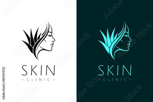 woman face merged with aloe vera leaves vector illustration, logo for anti aging, acne, skin specialist, dermatologist, skin clinic, beauty, cosmetics, healthy skin, makeup, and more