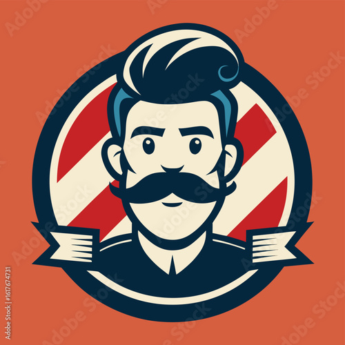 Vintage Barbershop Emblem with Smiling Man Pompadour Hair and Moustache