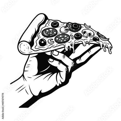 A stylized hand delicately holds a cheesy pizza slice with various toppings, depicted in a clean black and white vector format.	
