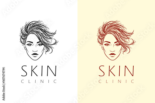 woman face with flowing botanical hair illustration, icon, vector logo for anti aging, hairstyle, luxury facial spa, skincare, acne, herbal, skin specialist, dermatologist, skin clinic, and more