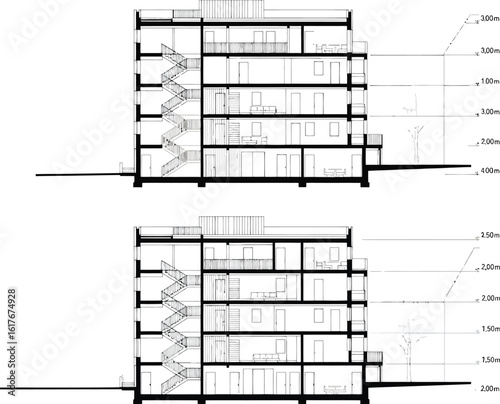 Detailed architectural cross section drawings of a multi story residential building with stairs and trees