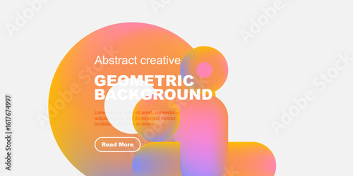 Abstract geometric background with vibrant colors. Text overlay includes title, sample text, button. Minimalist design, modern aesthetic.