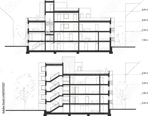 Architectural cross section drawings of a multi story building showcasing internal structure and floor plans with detailed elevation views