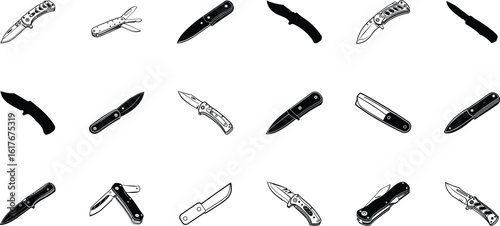 Collection of various knife silhouettes for design and illustration silhouette