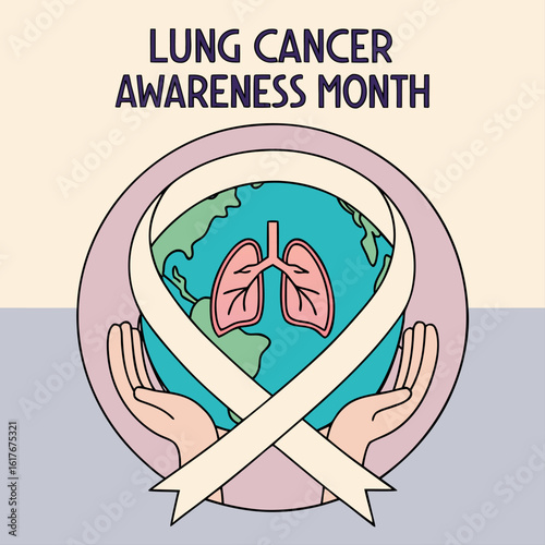 Beige hands carefully hold a blue globe displaying lungs and awareness ribbon
