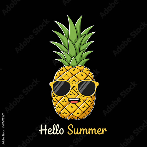 A cheerful cartoon pineapple wearing sunglasses, against a black background, announces "Hello Summer".