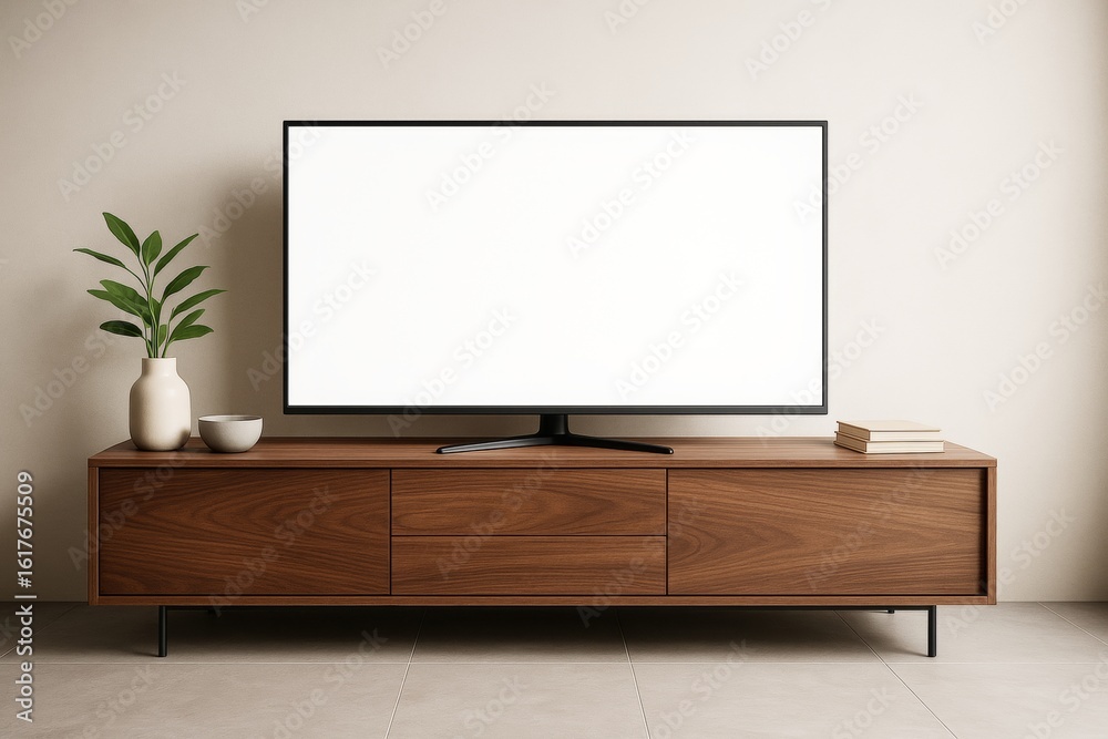 Modern TV screen with blank display on wooden cabinet in minimalist room interior with neutral wall background and decorative home elements. Modern TV screen with blank display on wooden cabinet in minimalist room interior with neutral wall background and decorative home elements.