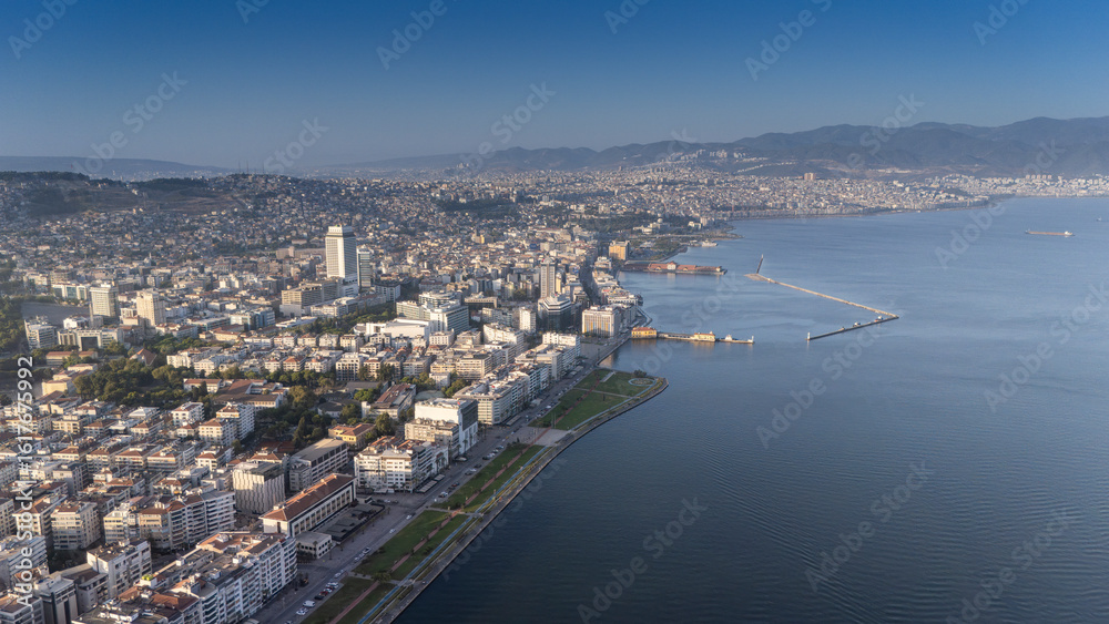 Naklejka premium A magnificent morning view of Alsancak, izmir. Good morning izmir, Turkey. Aerial shot.