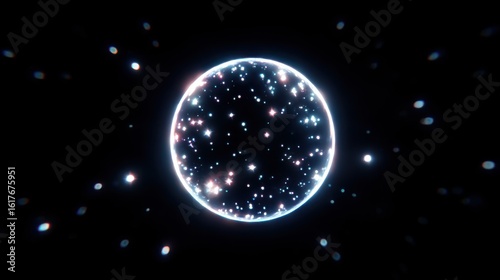  single glowing water bubble surrounded by floating light particles and soft orbs, subtle reflections on a plain black background, magical aura and soft glimmering energy inside the bubble