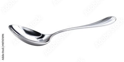 Polished, silver-toned serving spoon angled slightly