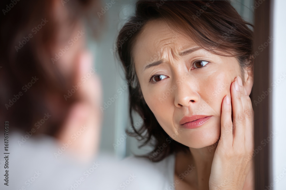Worried aged woman examines fine lines on her face, reflecting beauty concerns in mirror. Her expression shows anxiety about aging and skin health Worried aged woman examines fine lines on her face, reflecting beauty concerns in mirror. Her expression shows anxiety about aging and skin health