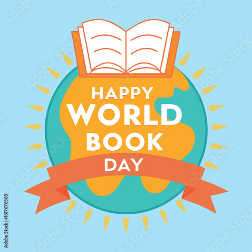 Cheerful Happy World Book Day icon has earth and open book elements