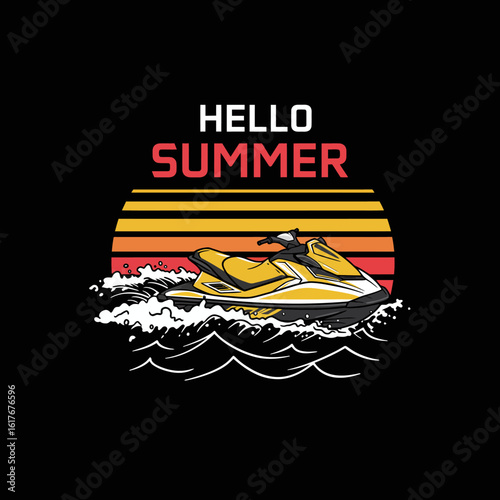 A yellow jet ski speeds across ocean waves at sunset, a "Hello Summer" greeting above.